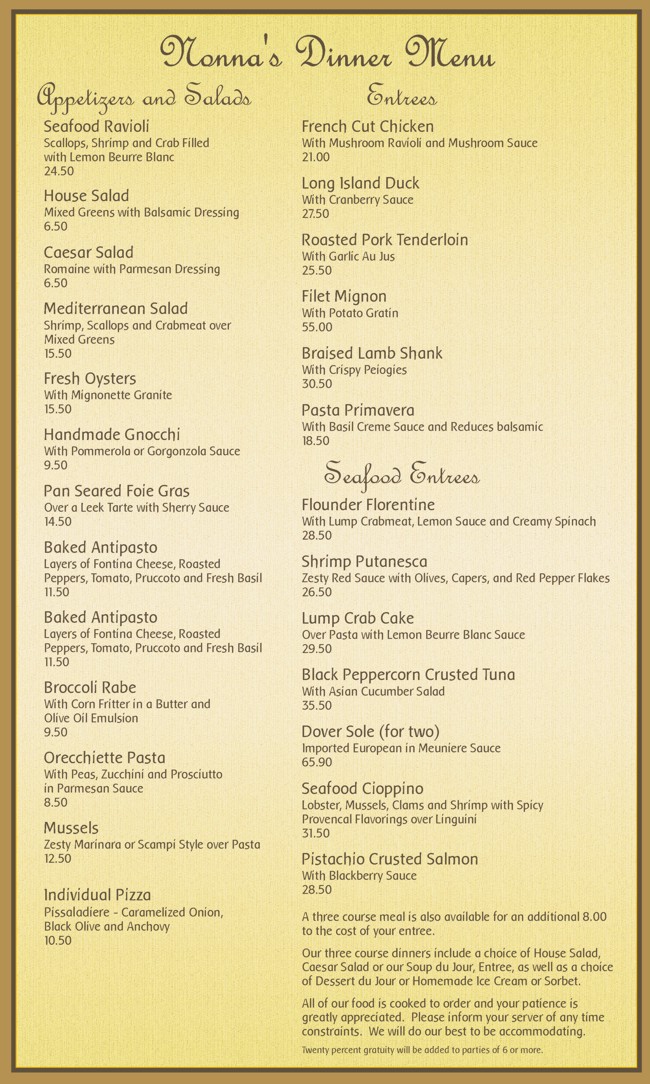 Nonnas Dinner Menu, Daily Specials Available